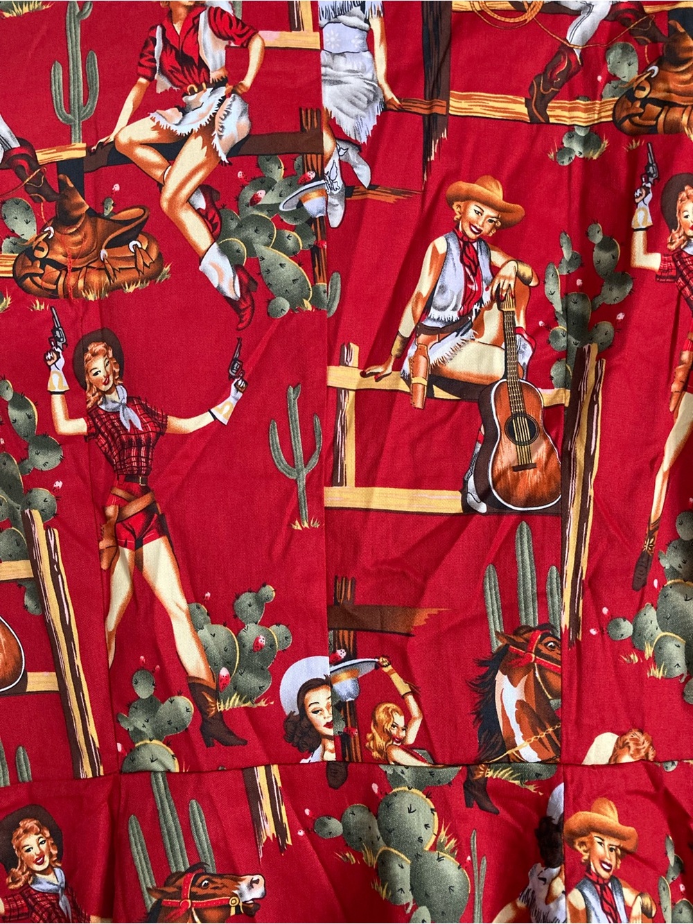 WOMENS Western-Print Red Fit & Flare Dress from Unique Vintage size XL - Picture 4 of 10
